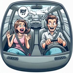 A married couple is driving along a highway doing a steady 40 miles per hour. A married couple is driving along a highway doing a steady 40 miles per hour.
