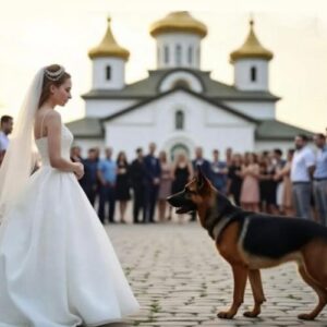 At the wedding, the bride’s dog stood in the way. At the wedding, the bride’s dog stood in the way.