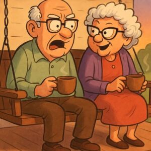 An elderly couple, Bert and Edna, are sitting on the porch swing An elderly couple, Bert and Edna, are sitting on the porch swing