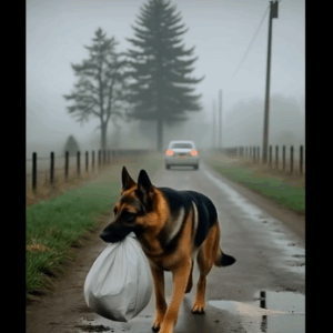A woman saw a German Shepherd trotting along the street with a white bag in its mouth. Suddenly, a car pulled up, the driver grabbed the bag from the dog, and drove away A woman saw a German Shepherd trotting along the street with a white bag in its mouth. Suddenly, a car pulled up, the driver grabbed the bag from the dog, and drove away