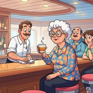 A lady went to the bar on a cruise ship