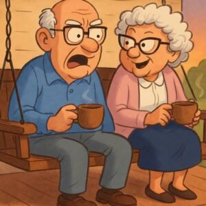 An elderly couple, Bert and Edna, are sitting on the porch swing!