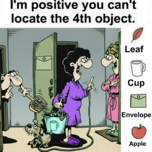 Find Leaf, Cup, Envelope, Apple.