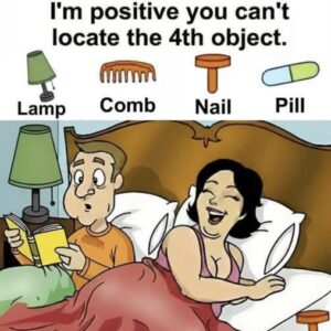 Find Lamp, Comb, Nail, Pill.